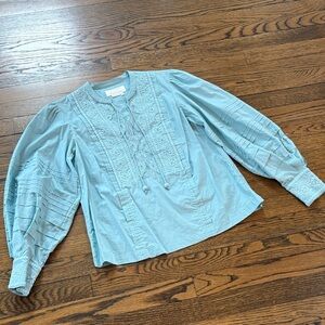 Anthropologie Light Blue Embroidered Blouse, balloon sleeves, 0
